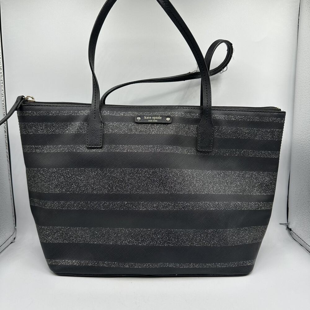 Kate Spade New York Black Glitter Stripe Saffiano Leather Tote Bag Handbag